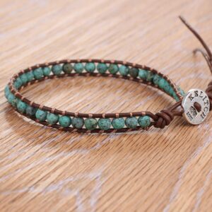 KELITCH Created Turquoise Crystal Mix Beaded Single Wrap Bracelet on Brown Leather Handwoven New Jewelry (Green 01)