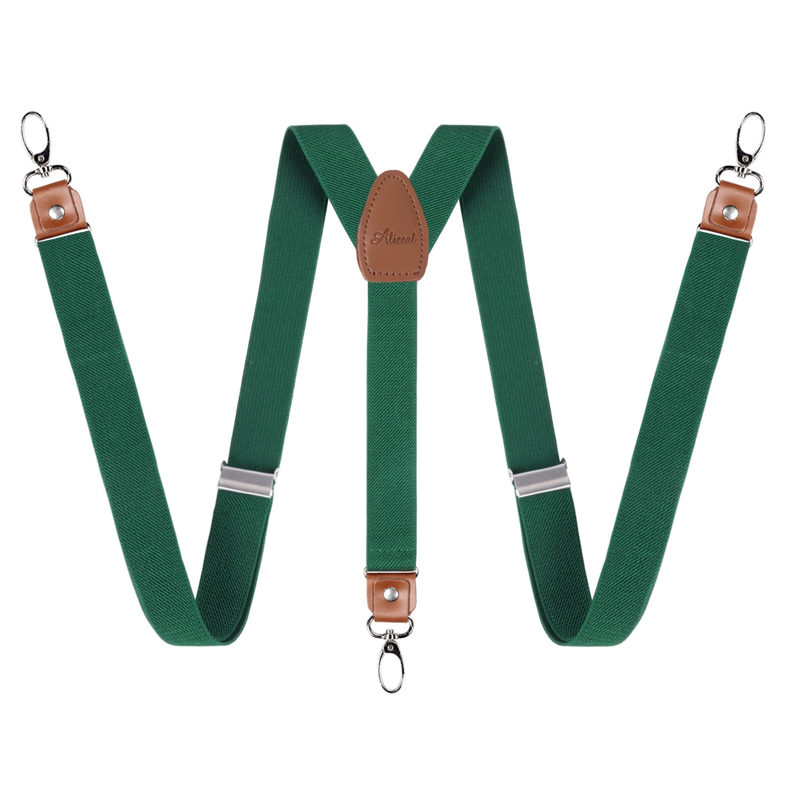 Alizeal Mens 1 Inch 3 Swivel Hooks Suspender with Leather Joint and Elastic Band-Dark Green