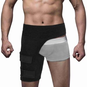 Zerodis Hip Thigh Support Brace, Black Adjustable Groin Brace Wrap Thigh Support Compression Sleeve Stabilizer Compression Groin Support Wrap for Men Women Adult Sitting Posture Corrector