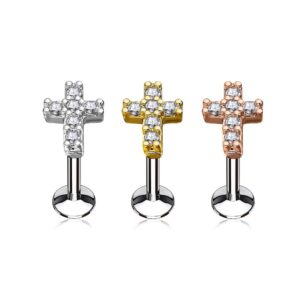 pierced owl set of three (3) 16ga stainless steel cz crystal paved cross top internally threaded lip cartilage studs