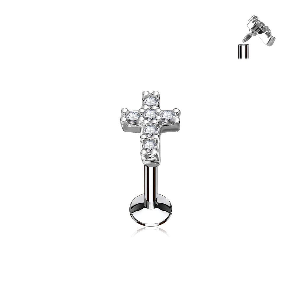 Pierced Owl Set of Three (3) 16GA Stainless Steel CZ Crystal Paved Cross Top Internally Threaded Lip Cartilage Studs