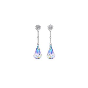 Savlano 14k White Gold Plated Aurora Borealis Austrian Rainbow Multicolor Crystal Tear Drop Cut Stud Dangle Earrings For Women & Men