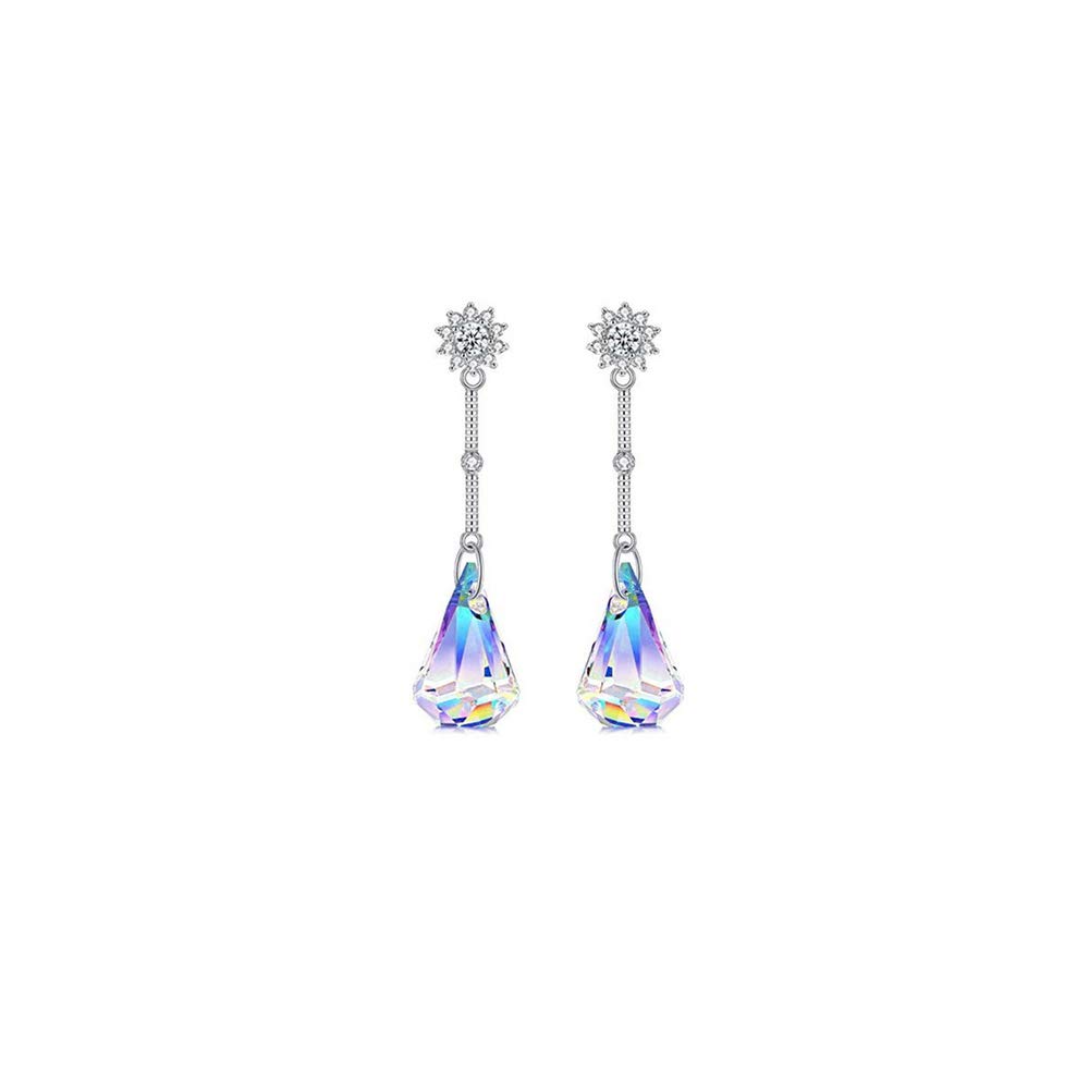 Savlano 14k White Gold Plated Aurora Borealis Austrian Rainbow Multicolor Crystal Tear Drop Cut Stud Dangle Earrings For Women & Men