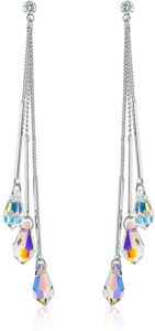 savlano 14k white gold plated aurora borealis drop tear cut austrian rainbow multicolor crystal tear drop cut stud dangle earrings for women