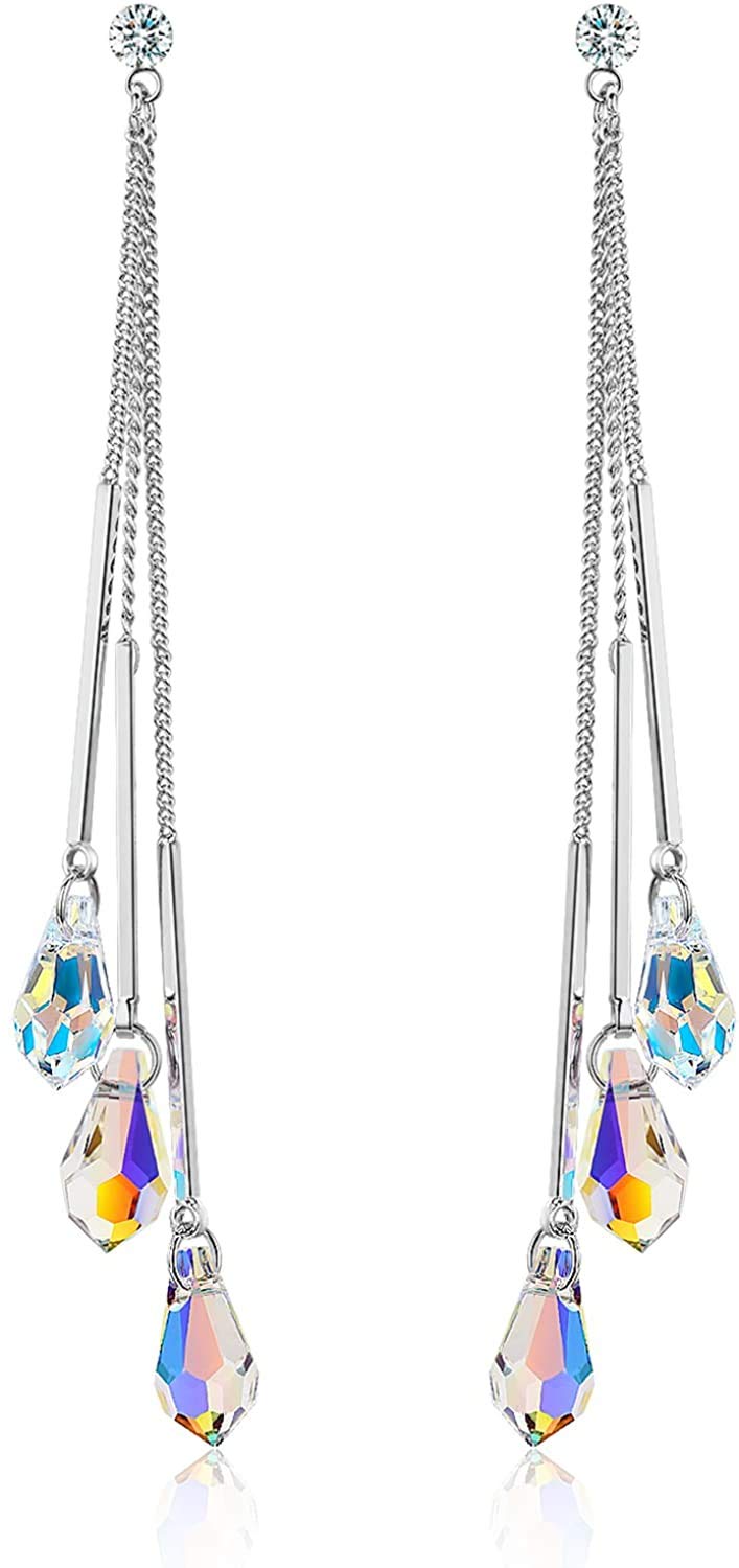 Savlano 14k White Gold Plated Aurora Borealis Drop Tear Cut Austrian Rainbow Multicolor Crystal Tear Drop Cut Stud Dangle Earrings For Women