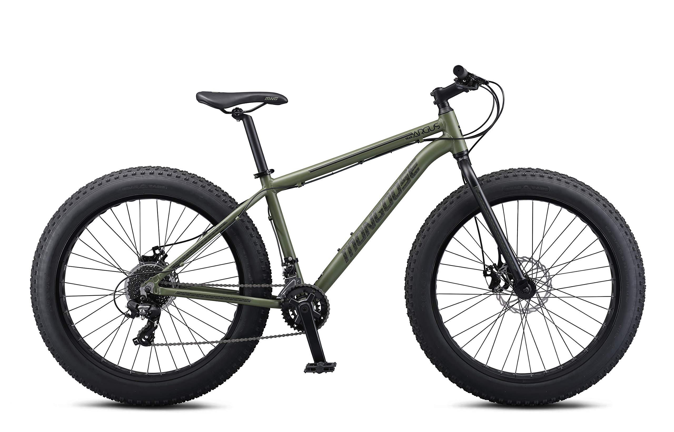 Mongoose Argus Trail Fat Tire Mountain Bike for Adult Men Women, 26-Inch Wheels, Mechanical Disc Brakes, 19-Inch Large Aluminum Hardtail Frame, 16-Speed, Green