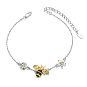 lonago 925 sterling silver bumblebee queen honey bee honeycomb sunflower bracelet daisy jewelry adjustable link chain gift for women mom