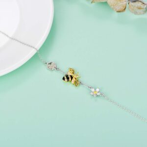 LONAGO 925 Sterling Silver Bumblebee Queen Honey Bee Honeycomb Sunflower Bracelet Daisy Jewelry Adjustable Link Chain Gift for Women Mom