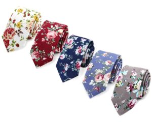 sunovelties floral ties, cotton flower print skinny ties for men set (5 pack)