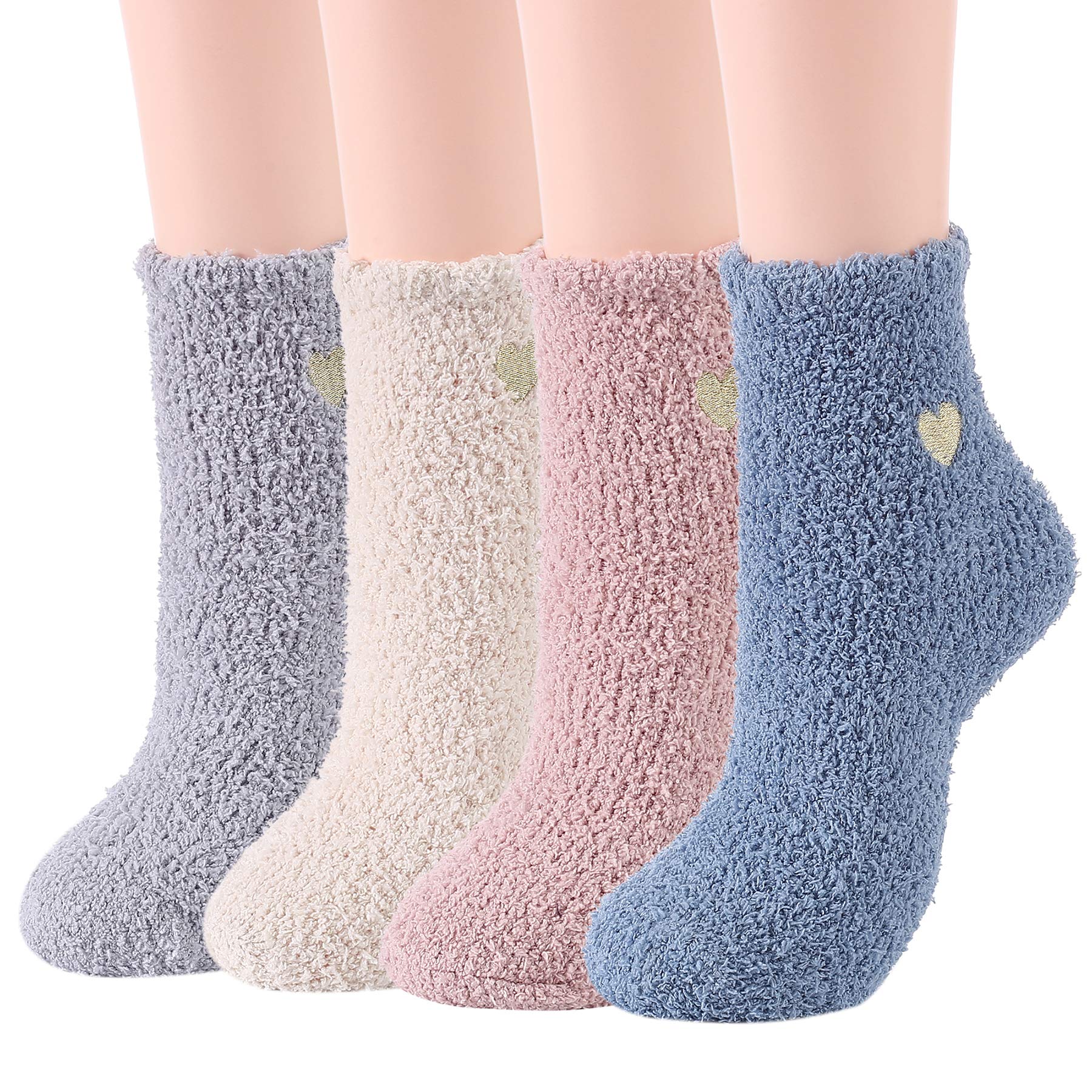 Zando Womens Fuzzy Socks Cozy Slipper Socks Super Soft Plush Socks Cute Fluffy Socks Indoor Sleep Socks Comfy Microfiber Bed Socks Warm Fuzzy Socks for Women 4 Pairs Cute Heart One Size