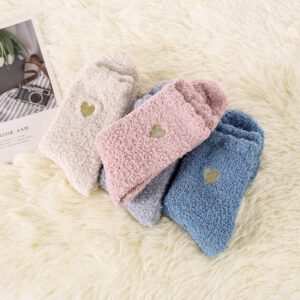 Zando Womens Fuzzy Socks Cozy Slipper Socks Super Soft Plush Socks Cute Fluffy Socks Indoor Sleep Socks Comfy Microfiber Bed Socks Warm Fuzzy Socks for Women 4 Pairs Cute Heart One Size