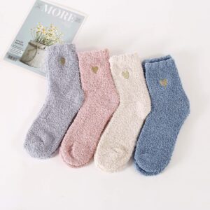 Zando Womens Fuzzy Socks Cozy Slipper Socks Super Soft Plush Socks Cute Fluffy Socks Indoor Sleep Socks Comfy Microfiber Bed Socks Warm Fuzzy Socks for Women 4 Pairs Cute Heart One Size