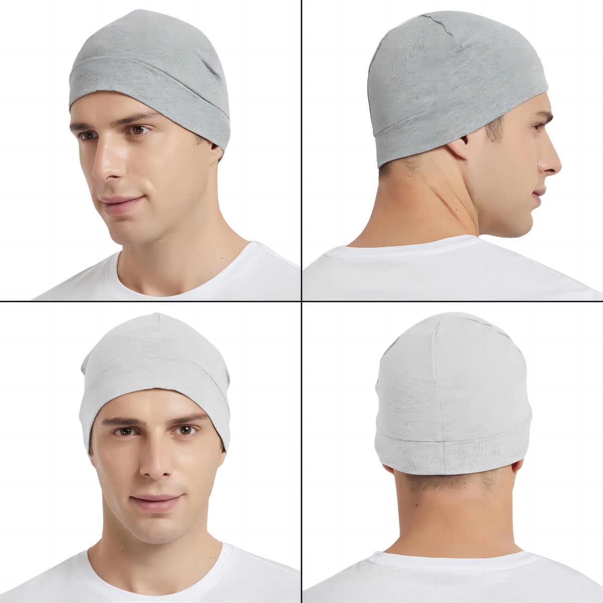 Headshion Cotton Skull Caps for Men Women,2-Pack Lightweight Beanie Sleep Hats Breathable Helmet Liner Light Grey,White Smoke