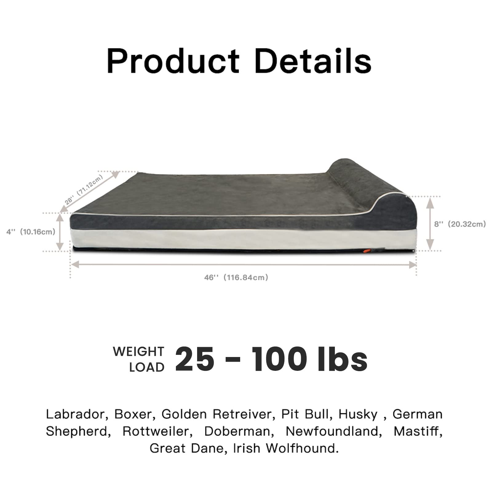 Laifug Orthopedic Memory Foam Extra Large Dog Bed with Pillow and Durable Water Proof Liner & Removable Washable Cover & Smart Design (Large (46"x28"x8"), Grey)