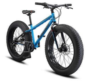 mongoose argus st fat tire mountain bike for youth boys girls, 24-inch wheels, mechanical disc brakes, 12-inch steel hardtail frame, 7-speed, blue