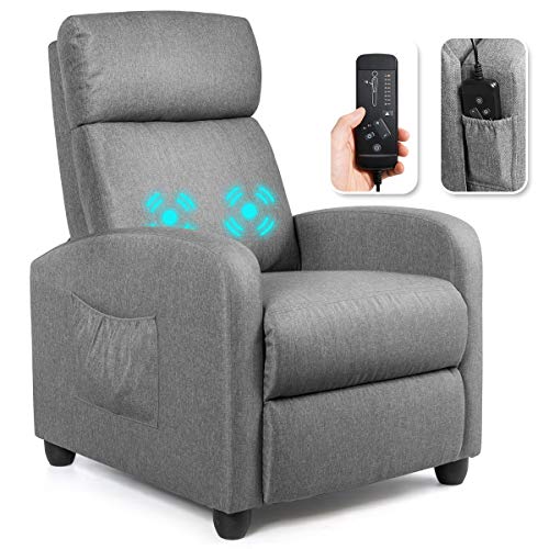 Giantex Recliner Chair, Massage Wingback Single Sofa w/Side Pocket, Fabric Recliner Sofa for Living Room, Modern Padded Seat Reclining Chair, Home Theater Seating Office for Adults (Grey)