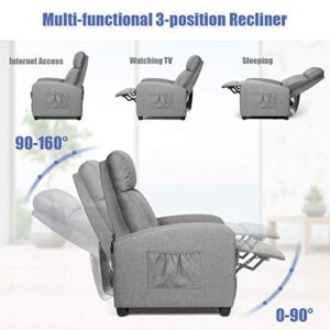 Giantex Recliner Chair, Massage Wingback Single Sofa w/Side Pocket, Fabric Recliner Sofa for Living Room, Modern Padded Seat Reclining Chair, Home Theater Seating Office for Adults (Grey)