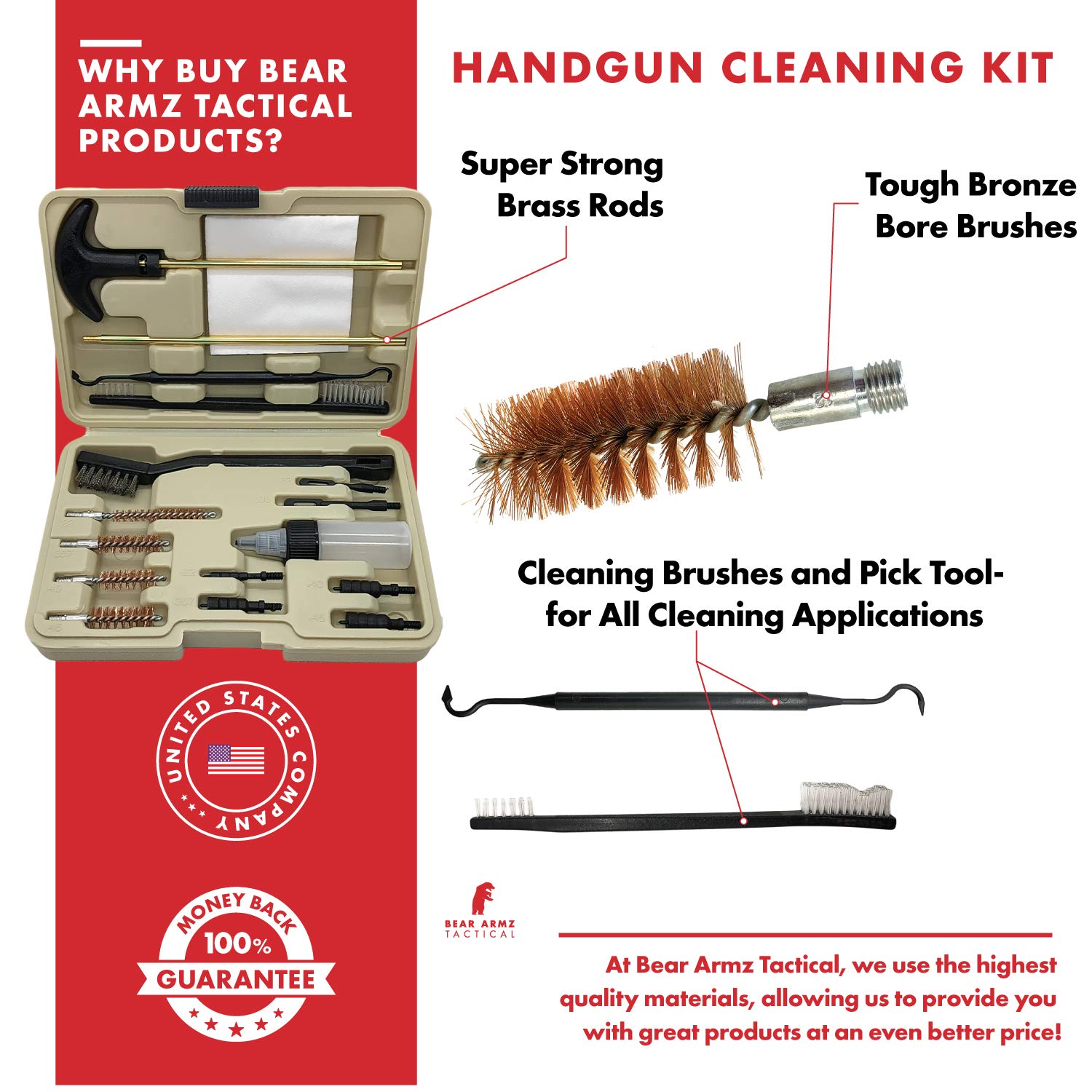 Bear Armz Tactical Universal Handgun Cleaning Kit | American Company | Gun Cleaning Kit for Calibers .22.357/9mm.38.40.45 | Compatible with Handguns, Revolvers, and Pistols | Hard Portable Case