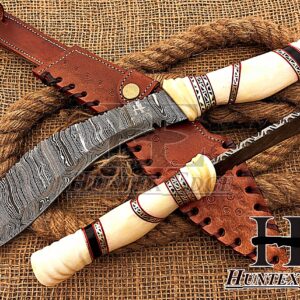 HUNTEX Unique Custom Handmade Hand Forged Damascus Steel 15 Inch Long Full Tang Camel Bone Handle Razor Sharp Hunting Camping Kukri Knife with Genuine Leather Sheath