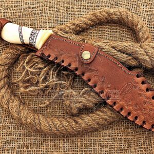 HUNTEX Unique Custom Handmade Hand Forged Damascus Steel 15 Inch Long Full Tang Camel Bone Handle Razor Sharp Hunting Camping Kukri Knife with Genuine Leather Sheath