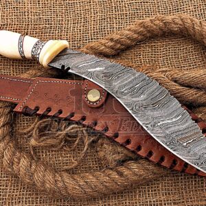 HUNTEX Unique Custom Handmade Hand Forged Damascus Steel 15 Inch Long Full Tang Camel Bone Handle Razor Sharp Hunting Camping Kukri Knife with Genuine Leather Sheath