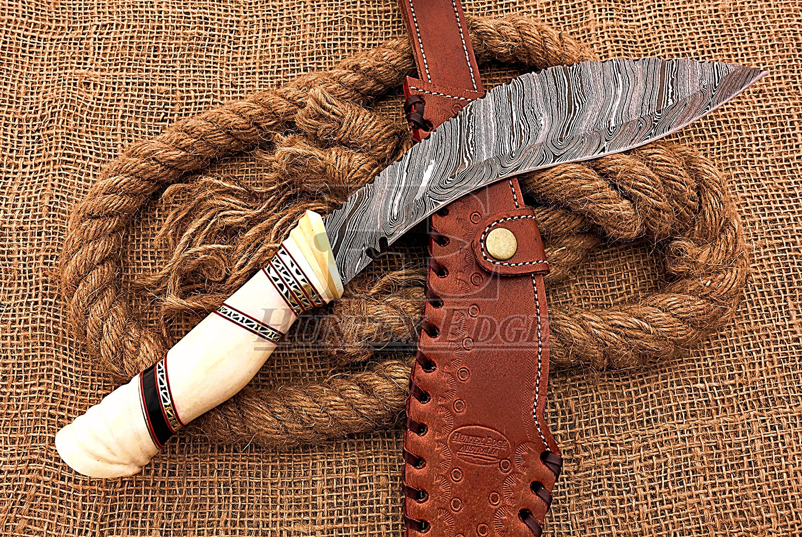 HUNTEX Unique Custom Handmade Hand Forged Damascus Steel 15 Inch Long Full Tang Camel Bone Handle Razor Sharp Hunting Camping Kukri Knife with Genuine Leather Sheath