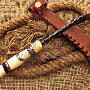 HUNTEX Unique Custom Handmade Hand Forged Damascus Steel 15 Inch Long Full Tang Camel Bone Handle Razor Sharp Hunting Camping Kukri Knife with Genuine Leather Sheath