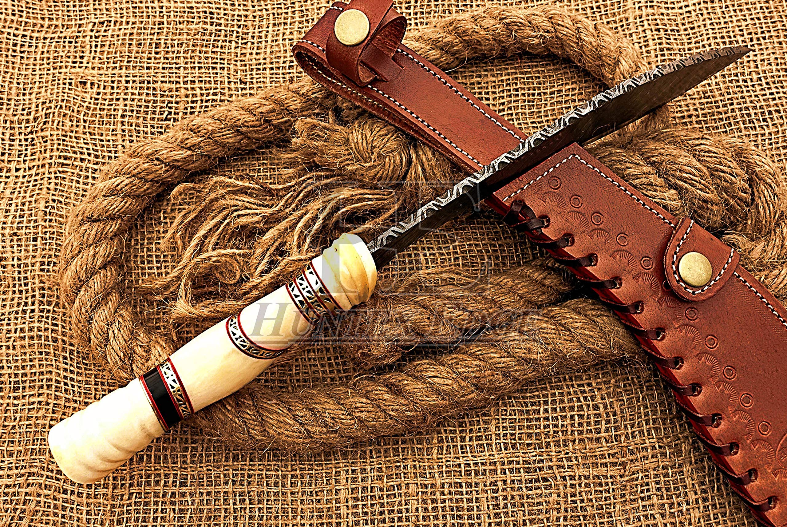 HUNTEX Unique Custom Handmade Hand Forged Damascus Steel 15 Inch Long Full Tang Camel Bone Handle Razor Sharp Hunting Camping Kukri Knife with Genuine Leather Sheath