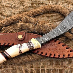 HUNTEX Unique Custom Handmade Hand Forged Damascus Steel 15 Inch Long Full Tang Camel Bone Handle Razor Sharp Hunting Camping Kukri Knife with Genuine Leather Sheath