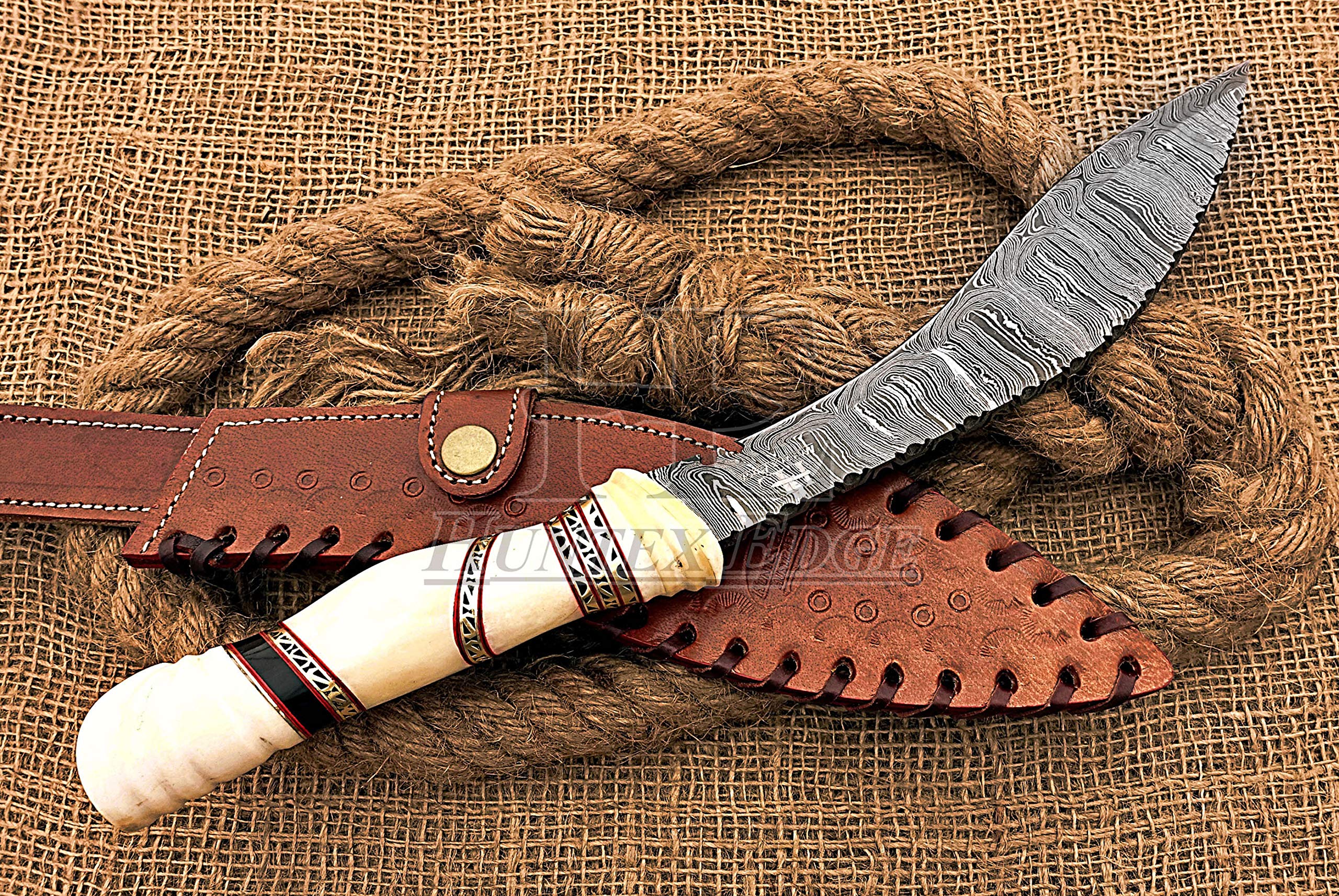 HUNTEX Unique Custom Handmade Hand Forged Damascus Steel 15 Inch Long Full Tang Camel Bone Handle Razor Sharp Hunting Camping Kukri Knife with Genuine Leather Sheath