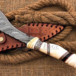 HUNTEX Unique Custom Handmade Hand Forged Damascus Steel 15 Inch Long Full Tang Camel Bone Handle Razor Sharp Hunting Camping Kukri Knife with Genuine Leather Sheath