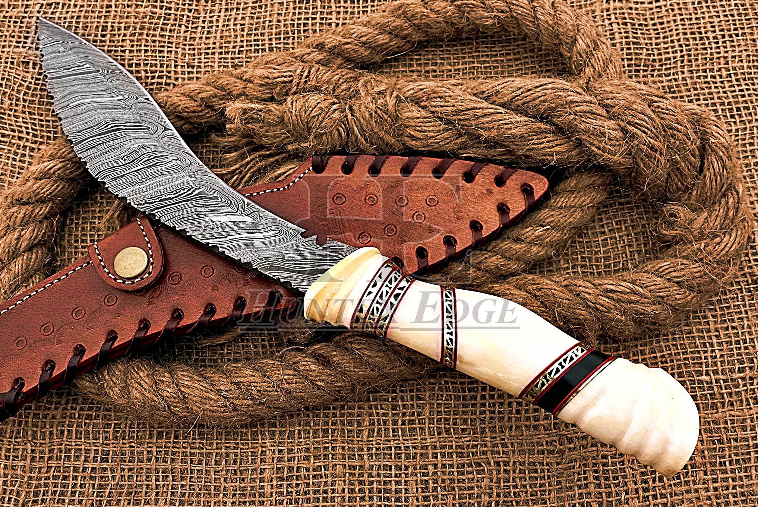 HUNTEX Unique Custom Handmade Hand Forged Damascus Steel 15 Inch Long Full Tang Camel Bone Handle Razor Sharp Hunting Camping Kukri Knife with Genuine Leather Sheath