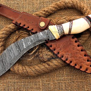 HUNTEX Unique Custom Handmade Hand Forged Damascus Steel 15 Inch Long Full Tang Camel Bone Handle Razor Sharp Hunting Camping Kukri Knife with Genuine Leather Sheath