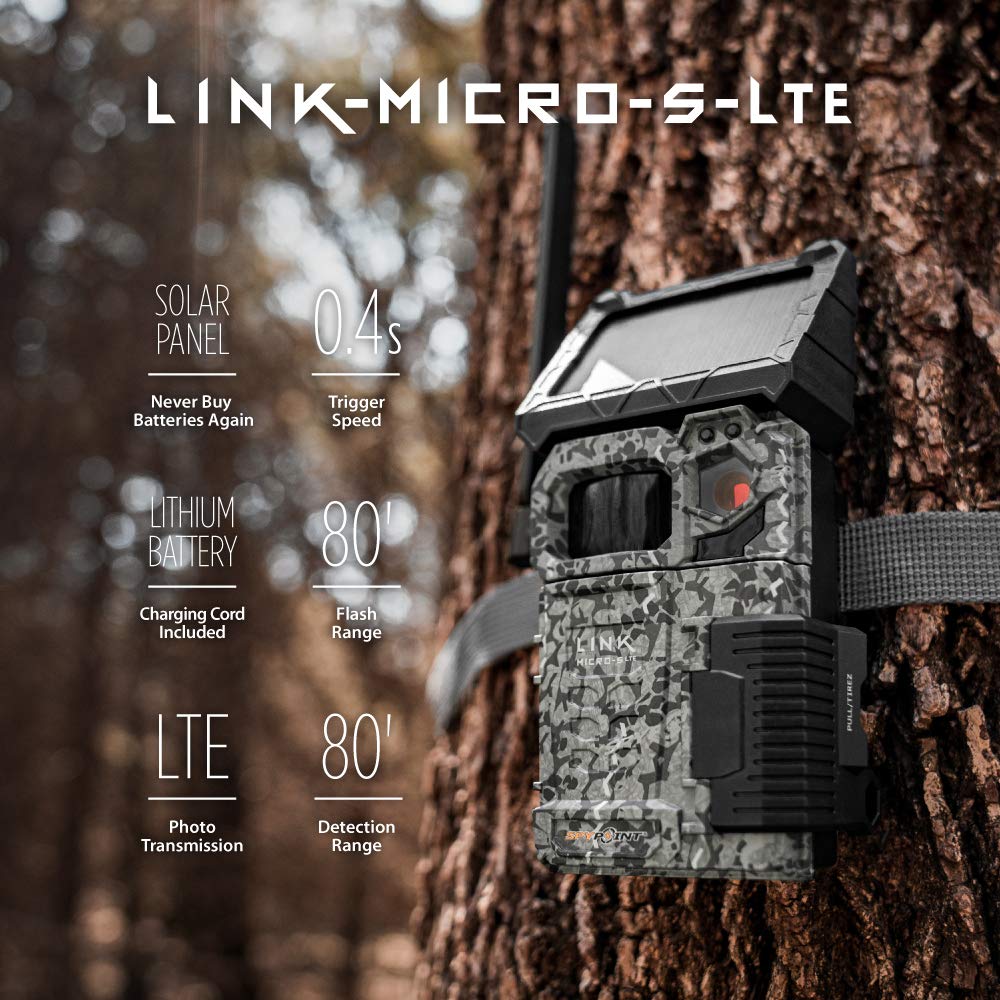 SPYPOINT Link-Micro-S-LTE-V Trail Camera Cellular Solar Panel 10MP Photos Night Vision 4 LED Infrared Flash 80'Detection Flash Range 0.4second Trigger Speed Game Cell Cam for Hunting-for USA only