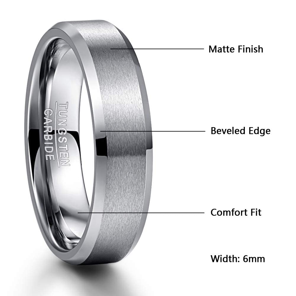 Vakki Womens Rings Silver Tungsten Carbide Engagement Ring Matte Finish 6mm Unisex Rings Polished Beveled Edge Comfort Fit Size 11.5