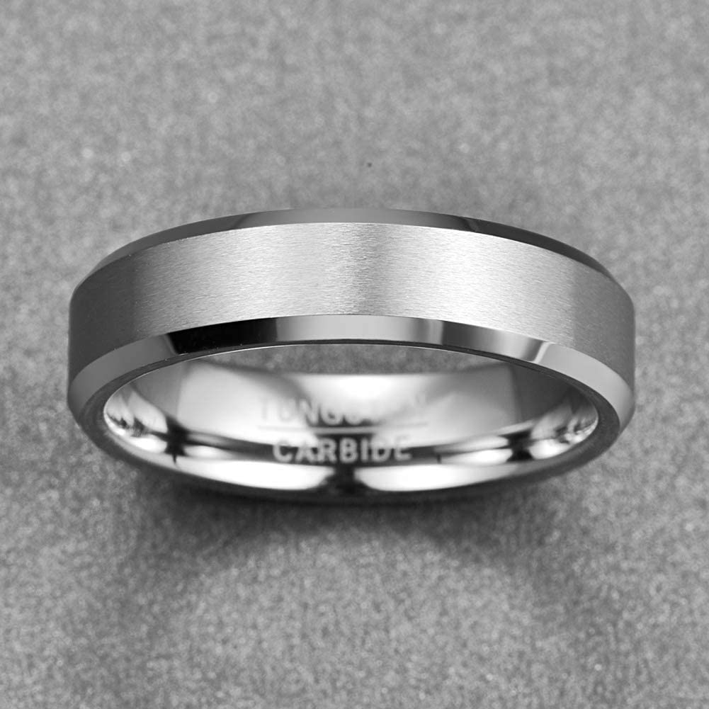 Vakki Womens Rings Silver Tungsten Carbide Engagement Ring Matte Finish 6mm Unisex Rings Polished Beveled Edge Comfort Fit Size 11.5