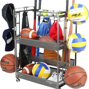 Jubao Garage Ball Storage Rack Rolling Sports Rack Organizer with Casters Wheels,Indoor Sports Gear Storage with Baskets and Hooks,Outdoor Sports Equipment Organizer with Cap Holder, Grey