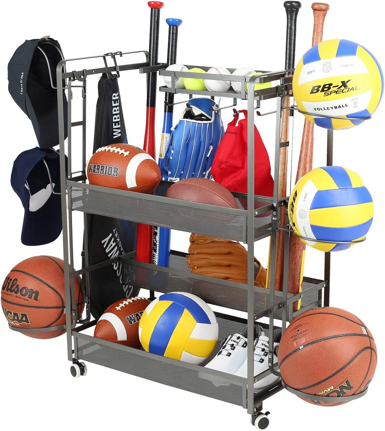 Jubao Garage Ball Storage Rack Rolling Sports Rack Organizer with Casters Wheels,Indoor Sports Gear Storage with Baskets and Hooks,Outdoor Sports Equipment Organizer with Cap Holder, Grey