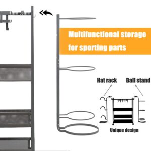 Jubao Garage Ball Storage Rack Rolling Sports Rack Organizer with Casters Wheels,Indoor Sports Gear Storage with Baskets and Hooks,Outdoor Sports Equipment Organizer with Cap Holder, Grey