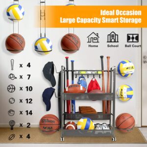 Jubao Garage Ball Storage Rack Rolling Sports Rack Organizer with Casters Wheels,Indoor Sports Gear Storage with Baskets and Hooks,Outdoor Sports Equipment Organizer with Cap Holder, Grey