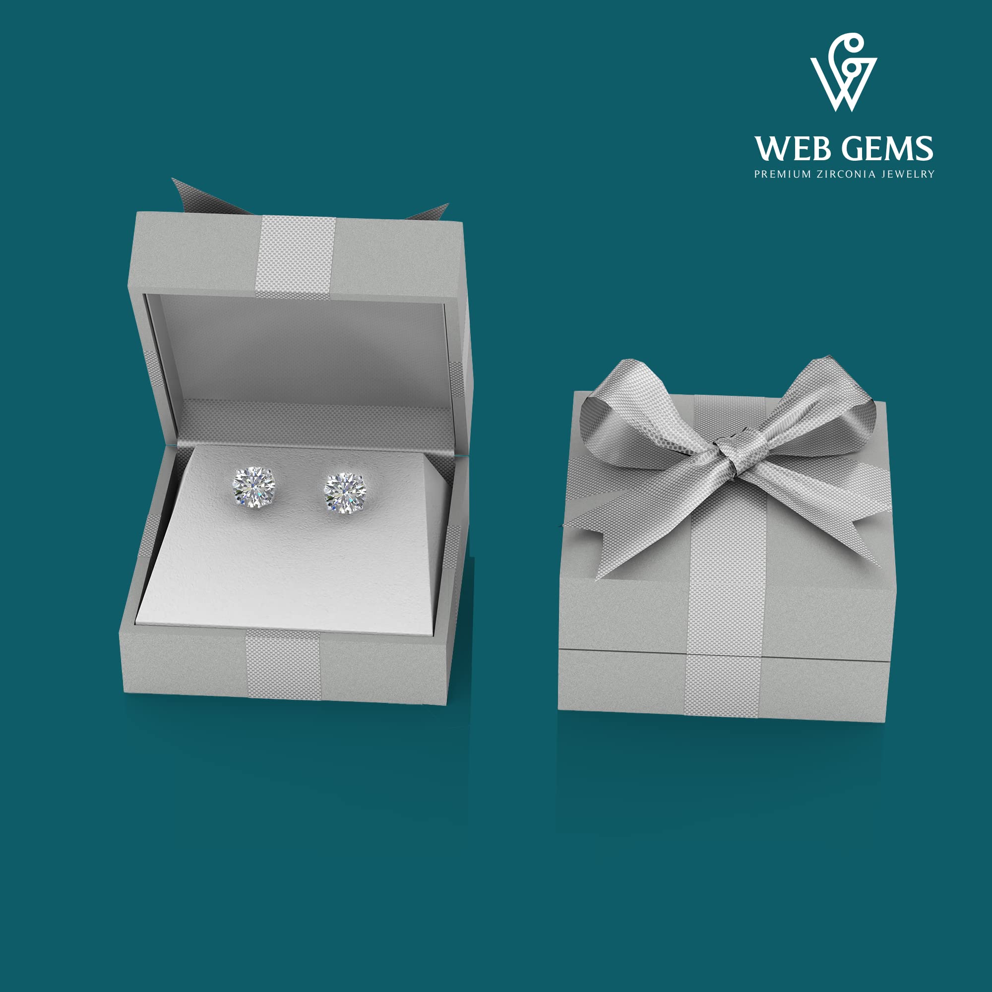 Web Gems 14k Solid Gold Simulated Diamond Cubic Zirconia Stud Earrings – White Gold with Mushroom Back Silicone Sliders - Premium Quality - Brilliant Fashion Jewelry - 8mm