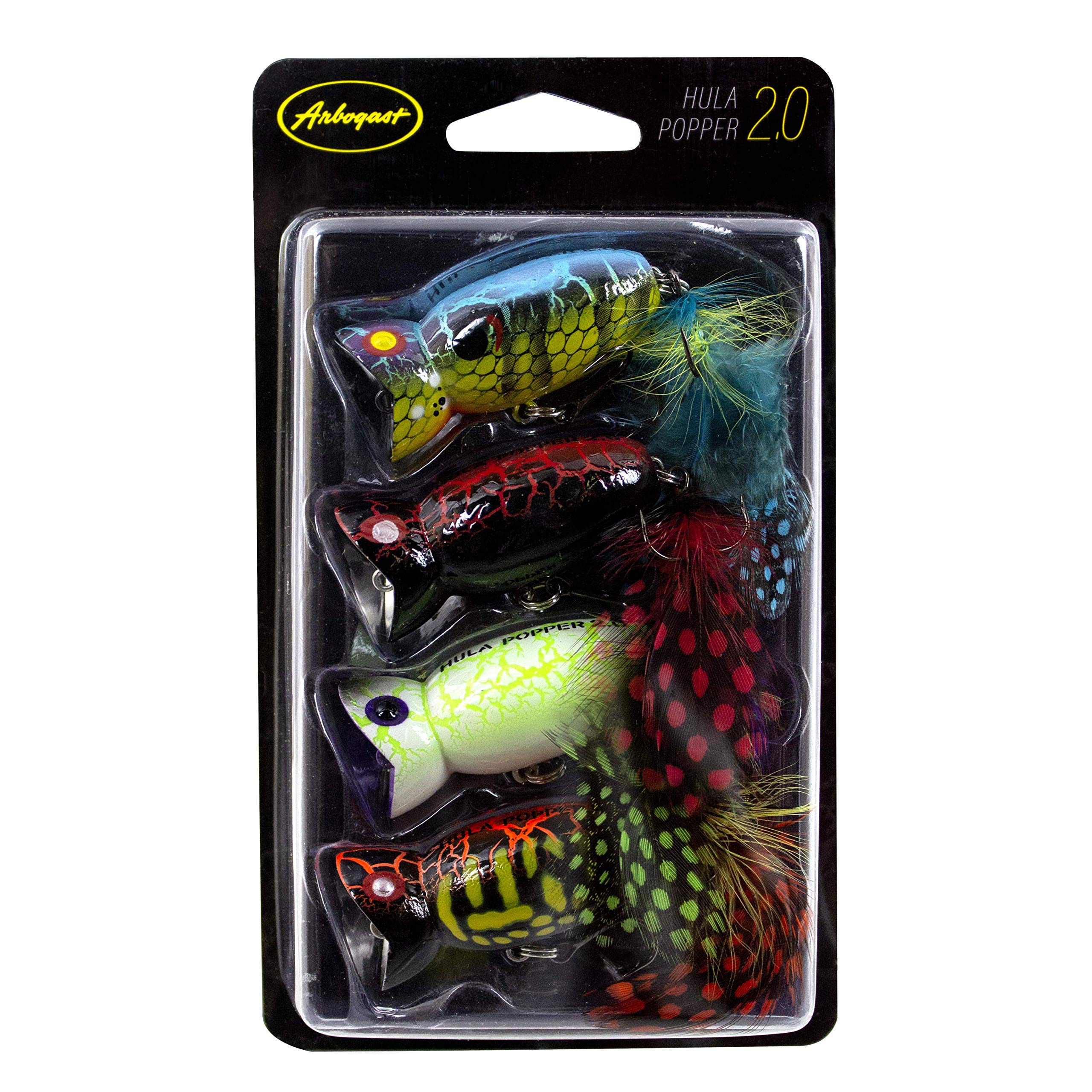 Arbogast Hula Popper 2.0 Topwater Fishing Lure with Feathered Treble Hook and Crackle Pattern Body, 2", 3/8 oz, Multi, 4-Pack