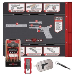 real avid pro pack for glock | glock accessories kit includes 19x16 gun cleaning mat, multi-caliber handgun cleaning kit, 2-in-1 tool for glock sights & pins + glock magazine tool | gun cleaning kit