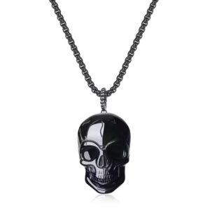 COAI Stainless Steel Chain Skull Black Obsidian Crystal Necklace 20"