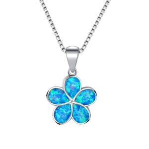 CiNily Flower Pendant Necklace for Women Blue Opal Sterling Silver Plated Hawaiian Plumeria Flower Jewelry Gift