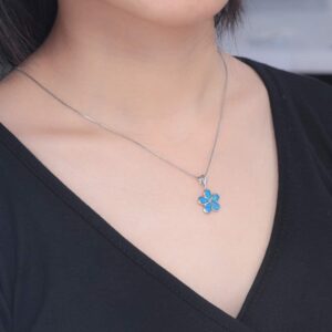 CiNily Flower Pendant Necklace for Women Blue Opal Sterling Silver Plated Hawaiian Plumeria Flower Jewelry Gift