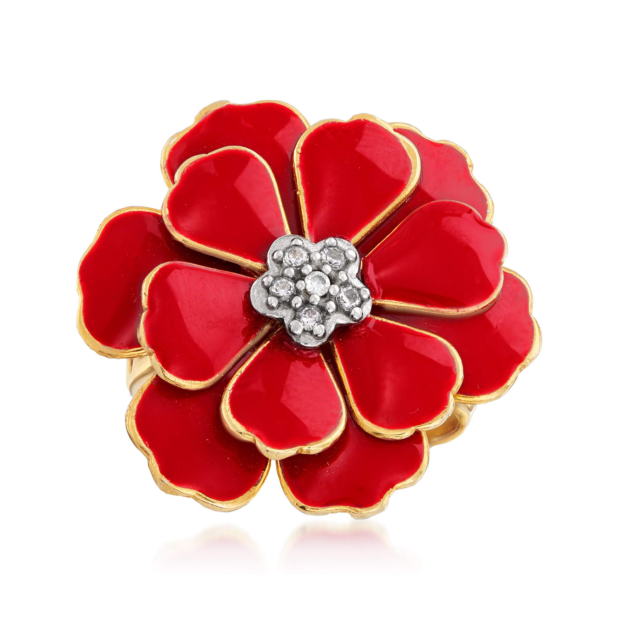 Ross-Simons Italian Red Enamel Flower Ring in 18kt Gold Over Sterling. Size 6