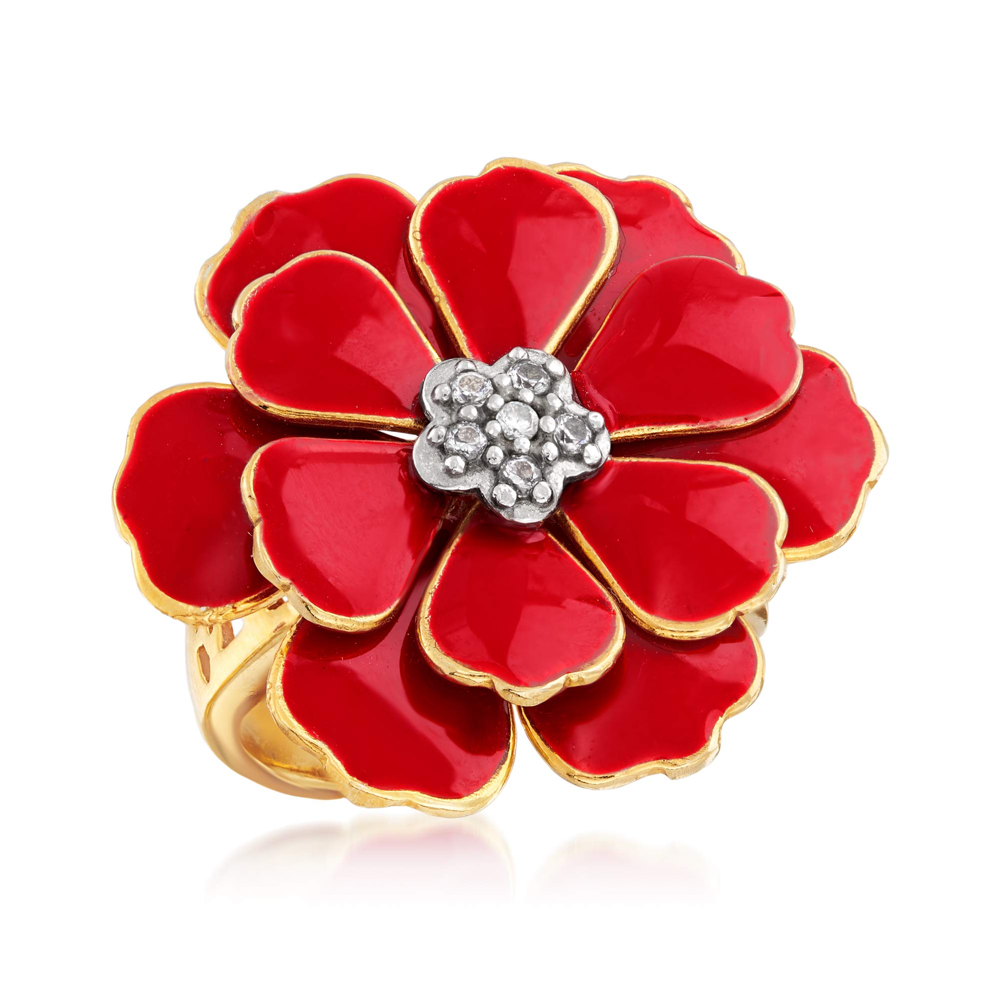 Ross-Simons Italian Red Enamel Flower Ring in 18kt Gold Over Sterling. Size 6