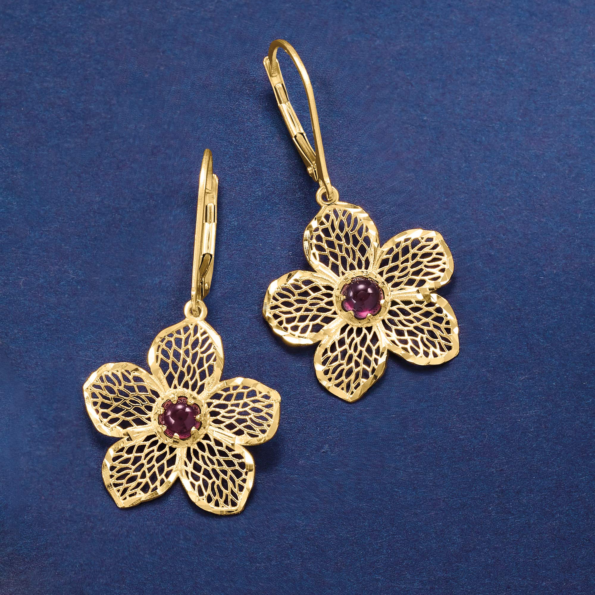 Ross-Simons Italian .90 ct. t.w. Garnet Flower Drop Earrings in 14kt Yellow Gold