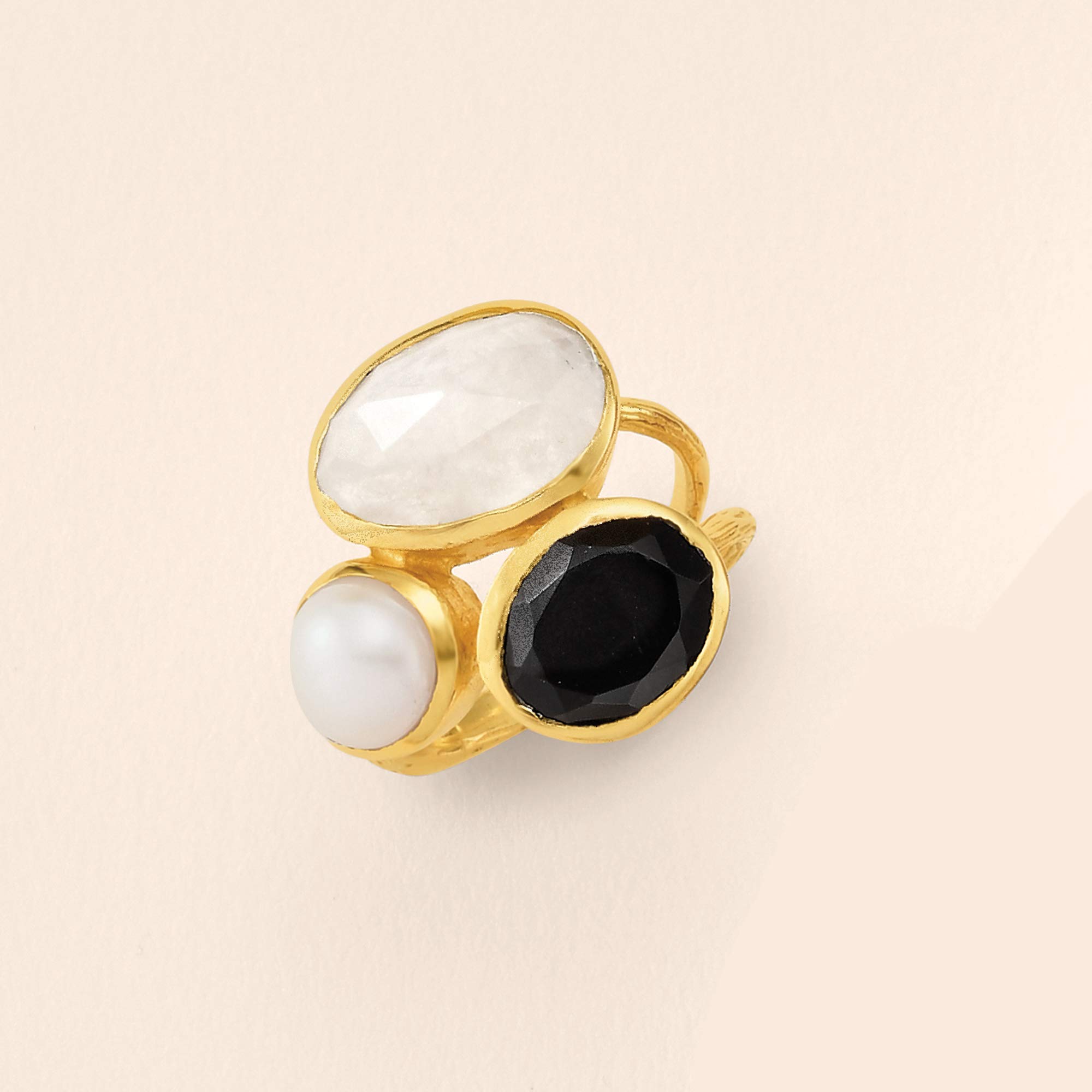 Ross-Simons 8mm Cultured Pearl, Black Onyx and Moonstone Ring in 18kt Gold Over Sterling. Size 6